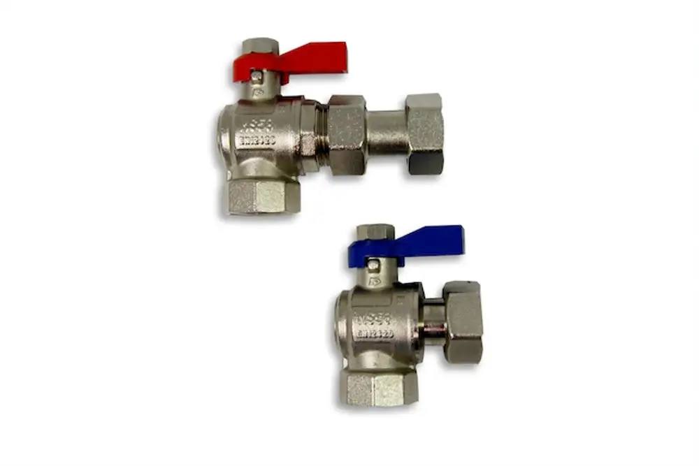 Zwei Winkelanschlussgruppen von Roth mit roten und blauen Hebeln zur Steuerung des Durchflusses. Metallgehäuse mit Anschlussmöglichkeiten für Rohre.
